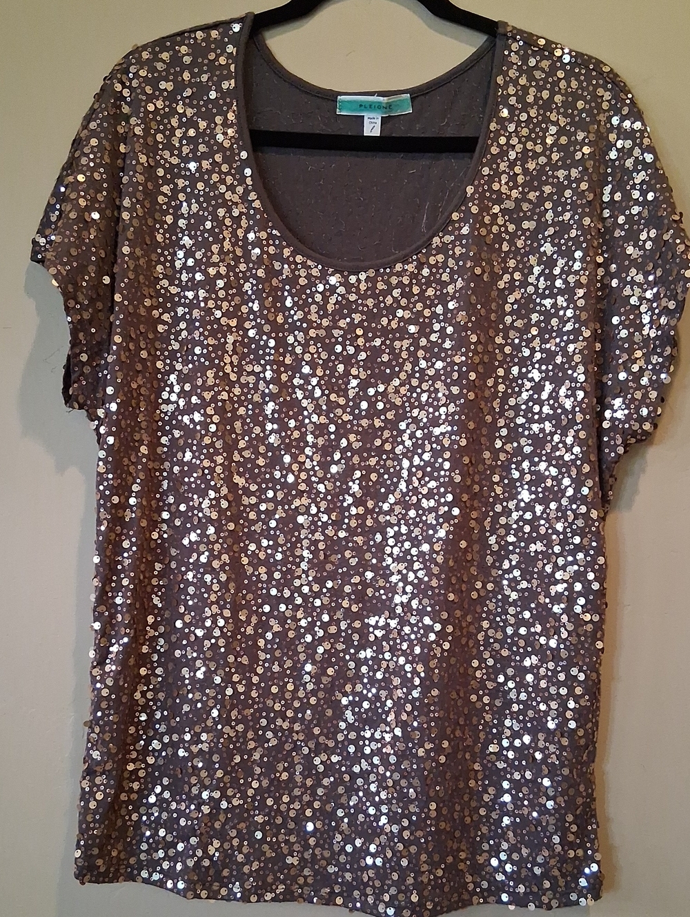 Pleione Shimmery Sequin Short Sleeve Scoop Neck Top